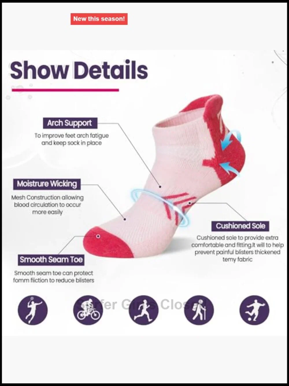 Merino Wool Ankle Hiking Running Socks for Women - 6 Pairs